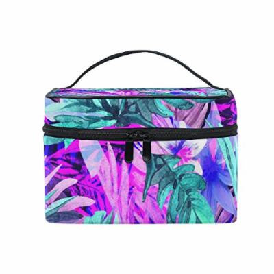 Portable Travel Makeup Cosmetic Bag Neon Floral Tropical Leaves Print Durable Toiletry Organizer Train Case for Women Girls