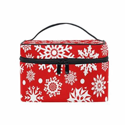 Portable Travel Makeup Cosmetic Bag Christmas Beautiful White Snowflakes Red Durable Toiletry Organizer Train Case for Women Girls