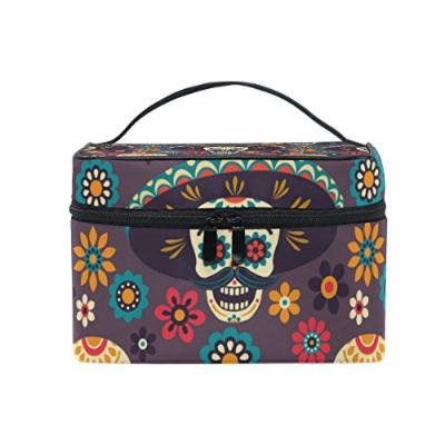 Portable Travel Makeup Cosmetic Bag Floral Sugar Skulls Durable Toiletry Organizer Train Case for Women Girls