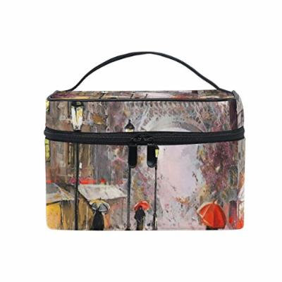Portable Travel Makeup Cosmetic Bag Oil Painting Paris Street View Durable Toiletry Organizer Train Case for Women Girls