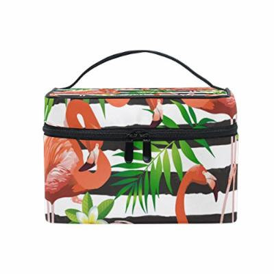 Portable Travel Makeup Cosmetic Bag Flamingo Bird Tropical Flowers Stripes Durable Toiletry Organizer Train Case for Women Girls