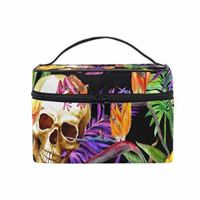 Portable Travel Makeup Cosmetic Bag Tropical Leaves Human Skulls Durable Toiletry Organizer Train Case for Women Girls