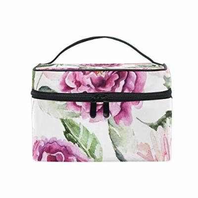 Portable Travel Makeup Cosmetic Bag Watercolor Peonies Flowers Durable Toiletry Organizer Train Case for Women Girls