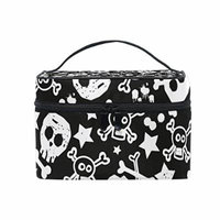 Portable Travel Makeup Cosmetic Bag Black White Skull Stars Pattern Durable Toiletry Organizer Train Case for Women Girls