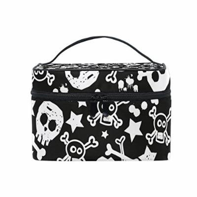 Portable Travel Makeup Cosmetic Bag Black White Skull Stars Pattern Durable Toiletry Organizer Train Case for Women Girls