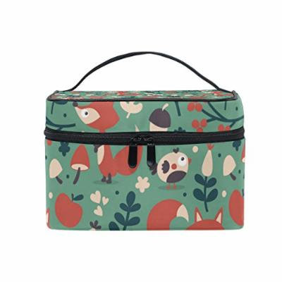 Portable Travel Makeup Cosmetic Bag Cartoon Fox Bird Leaf Berry Floral Durable Toiletry Organizer Train Case for Women Girls