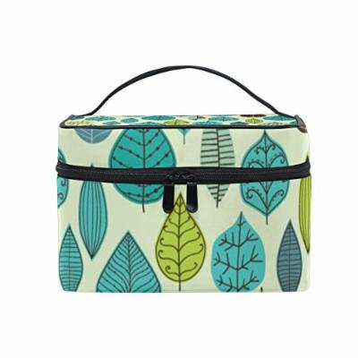 Portable Travel Makeup Cosmetic Bag Green Leaves Theme Durable Toiletry Organizer Train Case for Women Girls