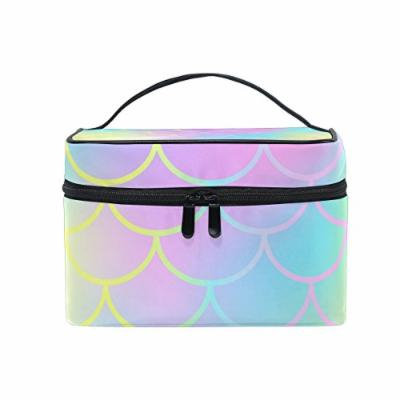 Portable Travel Makeup Cosmetic Bag Candy Color Mermaid Fish Scale Pattern Durable Toiletry Organizer Train Case for Women Girls