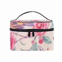 Portable Travel Makeup Cosmetic Bag Floral Watercolor Birds Pink Durable Toiletry Organizer Train Case for Women Girls