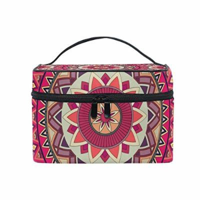 Portable Travel Makeup Cosmetic Bag Traditional Mandala Circles Ethnic Floral Durable Toiletry Organizer Train Case for Women Girls