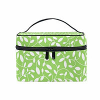 Portable Travel Makeup Cosmetic Bag Green and White Floral Leaves Durable Toiletry Organizer Train Case for Women Girls
