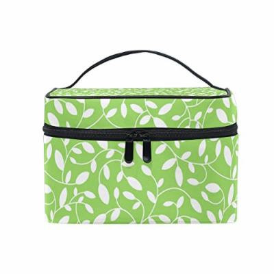 Portable Travel Makeup Cosmetic Bag Green and White Floral Leaves Durable Toiletry Organizer Train Case for Women Girls