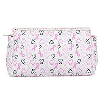 White Heart Ribbon 9 x 4 inch Wipe Clean Breast Cancer Awareness Cosmetic Bag