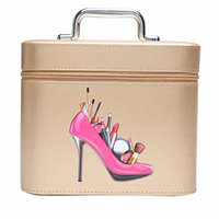 Portable Makeup Train Case Travel Cosmetic Bag Professional Makeup Handbags Organizer insert for Women metal handle (Gold)