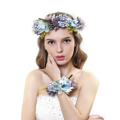 Ever Fairy Women Flower Wreath Crown Floral Wedding Garland Headband Wrist Band Set