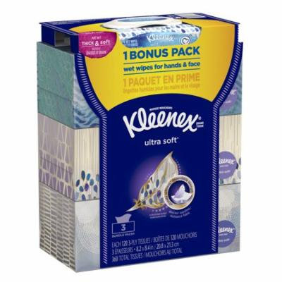 Kleenex Ultra Soft Facial Tissues,120 sheets per box, 3 pack + Bonus Wipes