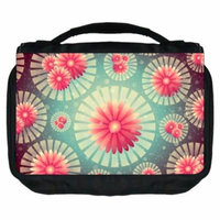 Small Travel Toiletry / Cosmetic Case with 3 Compartments and Detachable Hanger Retro Flower Circles 3