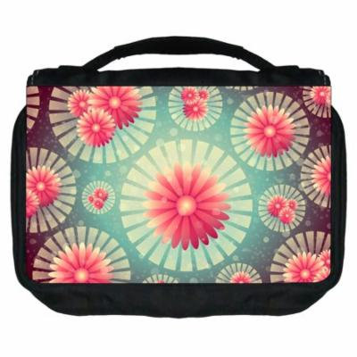 Small Travel Toiletry / Cosmetic Case with 3 Compartments and Detachable Hanger Retro Flower Circles 3