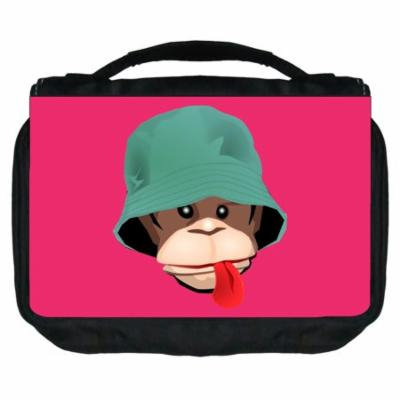 Small Travel Toiletry / Cosmetic Case with 3 Compartments and Detachable Hanger Monkey on Pink