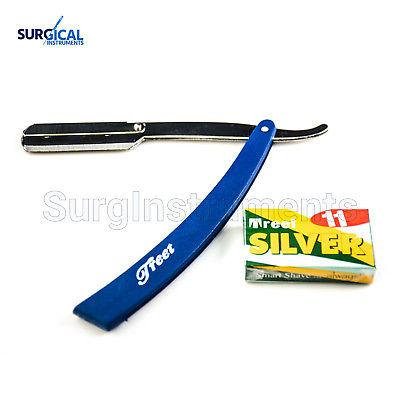 Blue Straight Barber Edge Steel Razor Folding Shaving Knife 11 Blades Razors