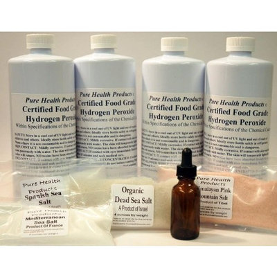 4 Quarts certified 35% Food Grade Hydrogen Peroxide as recommended in The One Minute Cure +FREE dropper bottle +FREE 4 ounces each: Himalayan & Dead Sea Salt, Spanish & Mediterranean Sea Salts