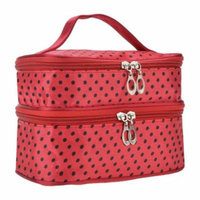 Women's Double Layer Make Up Organiser Toiletry Bag Polka-Dotted With Hand Strap For Travel - Red