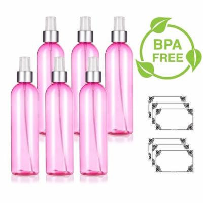 Pink 8 oz / 240 ml Slim Cosmo Round PET (BPA Free) Plastic Bottle with Silver Fine Mist Sprayer (6 pack) + Labels