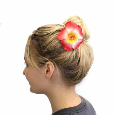 Hawaii Luau Party Dance Artificial Foam Round Hibiscus Hair Clip White with Red Edge, 4 Pack