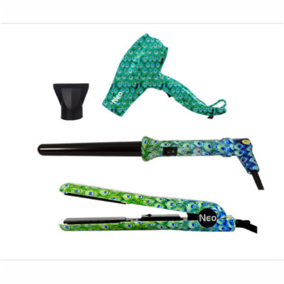 The Neo Choice 3 pcs Trio Complete Full Set W/ 1.25 Inch Hair Straightener, 18-25mm Curling Iron and Mini Hair Dryer (Peacock)