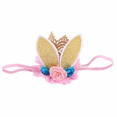 Rabbit Ears Crown Hairband Flower Headband Party Headwear Headdress for Baby Girls (Gold)