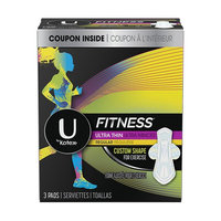U by Kotex Fitness Ultra Thin Pads with Wings, Regular Absorbency, Unscented, 3 Count