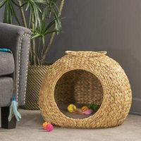 Highland Dunes Fern Rock Water Hyacinth Wicker Hooded Dog Bed with Fabric Cushion