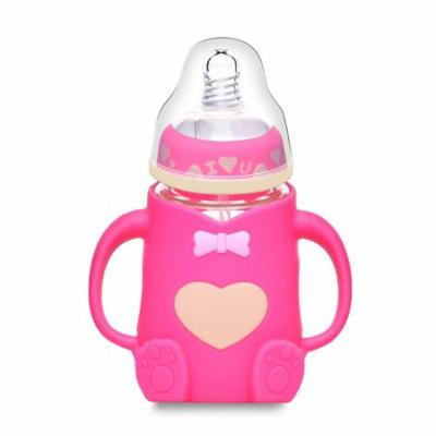 Baby Feeding Bottle Glass Milk Bottle Width Mouth Feeder 240ML Silicone Shockproof Nursing Bottle for 24 Months (Pink)