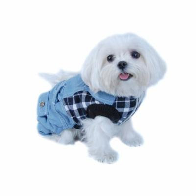Dog T-Shirt Summer Clothes for Dogs Pet Cat Puppy Ultra Soft Comfy Tee T Shirts Costumes Tank Top Vest Clothing Apparel Fashion Blue White Plaid Top with Denim Overalls Outfit One-Piece - Large