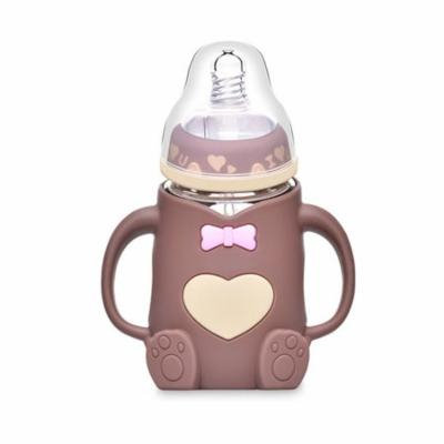 Bottle of Milk Glass 240 ml Silicone Baby Width Gift Bottles of Baby Milk Proof D 'Drinking Water Straw Handle Feeding Children cup(Brown)