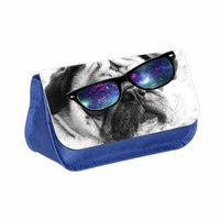 Hipster Pug - Blue Medium Sized Makeup Bag with 2 Zippered Pockets and Velcro Closure