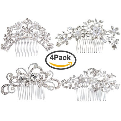 Pack of 4 Bridal Wedding Hair Comb Rose Gold Crystal Rhinestones Pearls Women Hair Side Combs Bridal Head Pin Headpiece (Rose G
