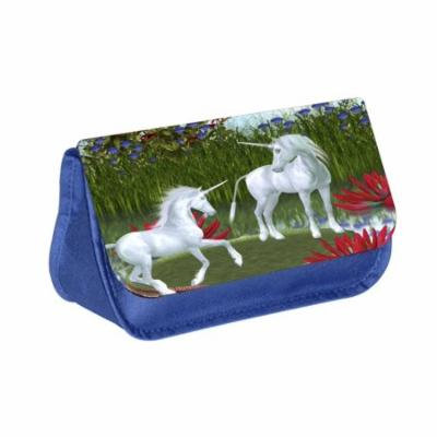 Unicorns - Blue Medium Sized Makeup Bag with 2 Zippered Pockets and Velcro Closure