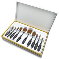 Oval Makeup Brush Set, 10 Professional Cosmetic Brushes, Applies for Seamlessly Foundation Blush Face Powder Blending Eyeshadow Eyebrow Black Flexible Curved Handle