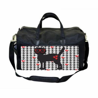 Hipster Feline on Houndstooth Pattern - Hearts Large Black Duffel Style Diaper Baby Bag