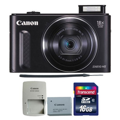 Canon PowerShot SX610 HS 20.2MP 18x Optical Zoom Wifi Digital Camera BLACK with 16GB Memory Card