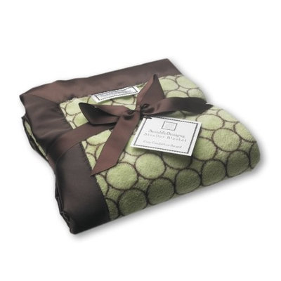 SwaddleDesigns Stroller Blanket, Cozy Microfleece, Brown Mod Circles on Lime with Satin Trim