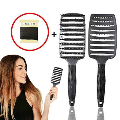 Hair Brush for Women 2pcs - Boar Bristle Curved and Vented Brush - for Long,Thick,Curly & Tangled Hair with 12 Hair Band