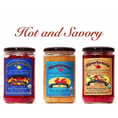 Hot and savory combo-pack: raw fermented sauerkraut, organic, probiotic, kosher and unpasteurized No shipping charges with this combo pack.