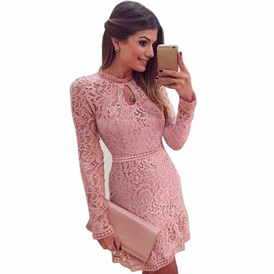 Lace Long Dress,Clearance! AgrinTol Women Sexy Pink Hollow Lace Long Sleeve Slim Party Evening Dress