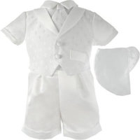 Christening Baptism Newborn Baby Boy Special Occasion 3 Pc Cotton Cross Dobby Vest w/ Satin Boxer Shorts & Hat