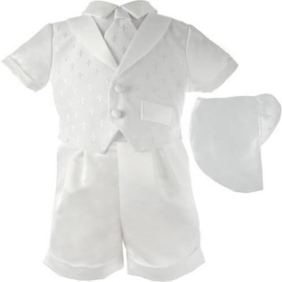 Christening Baptism Newborn Baby Boy Special Occasion 3 Pc Cotton Cross Dobby Vest w/ Satin Boxer Shorts & Hat