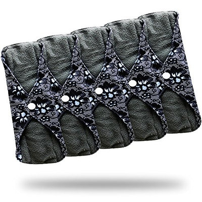 Sanitary Reusable Cloth Menstrual Pads by Heart Felt | 5 Pack Washable Sanitary Napkins with Charcoal Absobancy Layer - Overnight Long Panty Liners for Comfort and Support