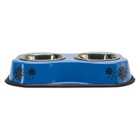 Bone Shaped Double Diner W/2 1pt Stainless Steel Bowls, Flower Pattern Blue