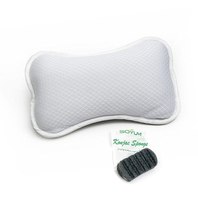 Non-Slip Bath Pillow Gift Set with Konjac Bath Sponge, 2 Suction Cups, Supports Neck and Shoulders, Anti Bacterial, Luxurious Cushion